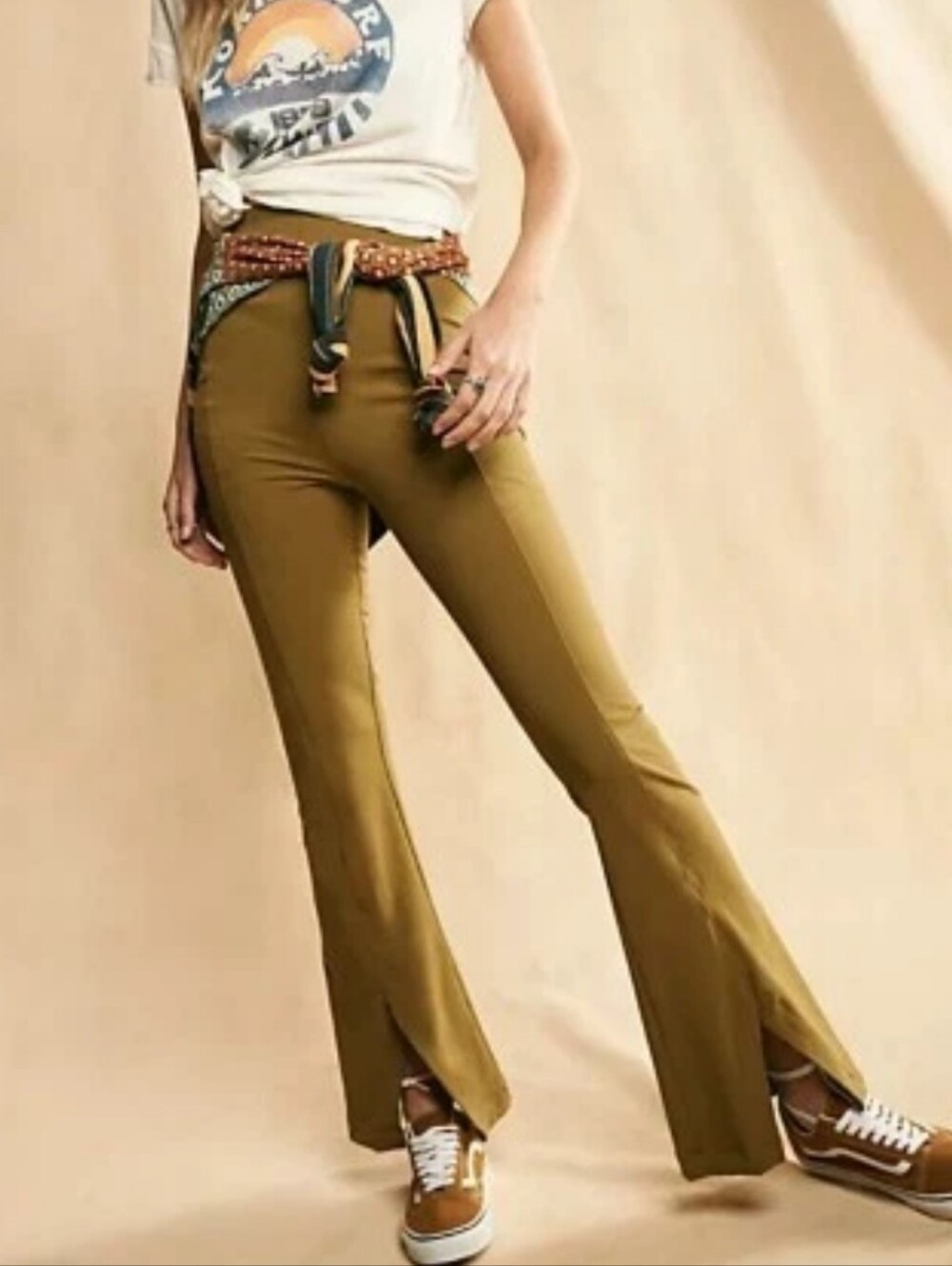 Free People Olive Green High Rise Flare Pants Size L Split Hem Stretch